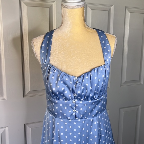BRIDGE DRESS PERIWINKLE BLUE AND WHITE POLKADOTS NWT SIZE M SHOULDER TIES - Picture 8 of 17